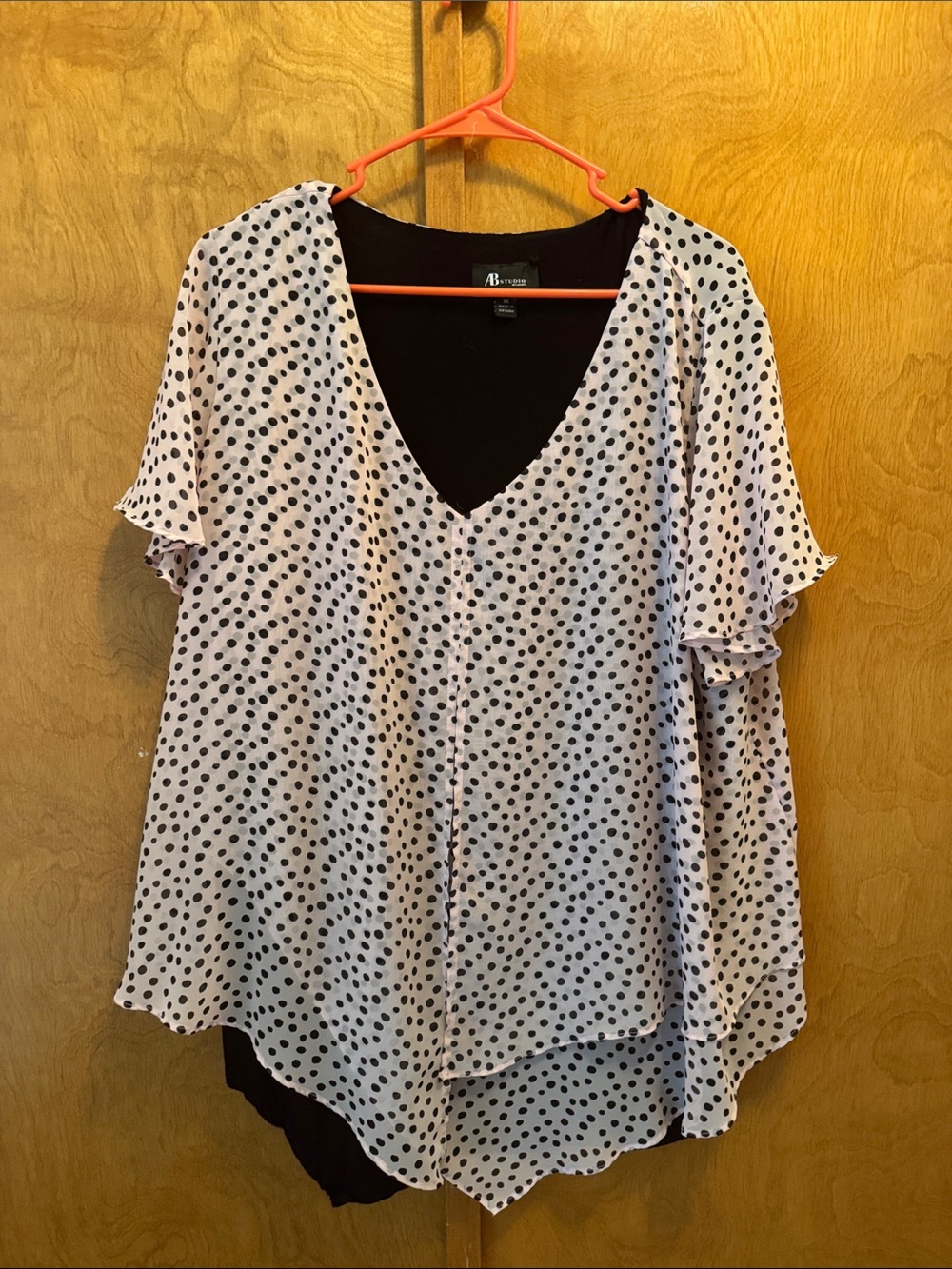 AB Studio White Polka Dot Layered V-Neck Blouse with Black Undershell